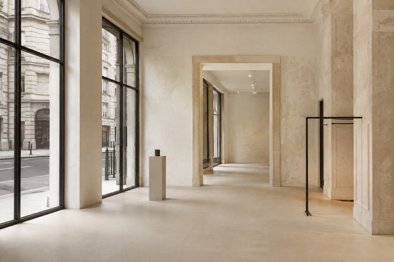 Light-filled showroom with tall windows and an open layout