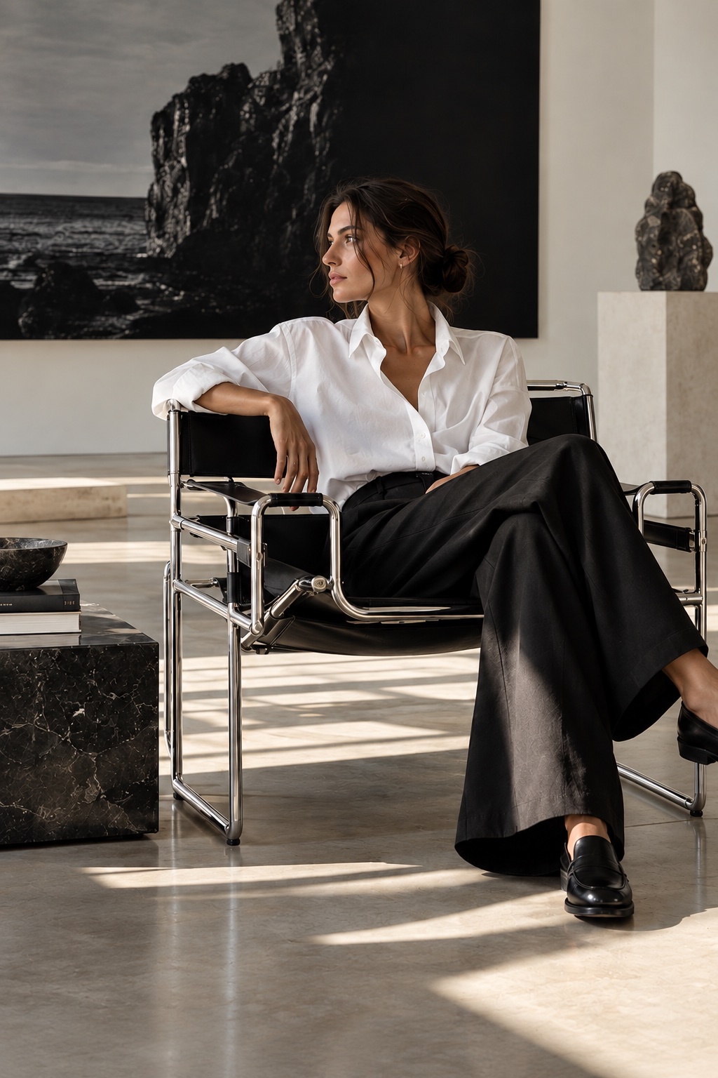 Fashion editorial: a woman in a white shirt seated in a gallery.